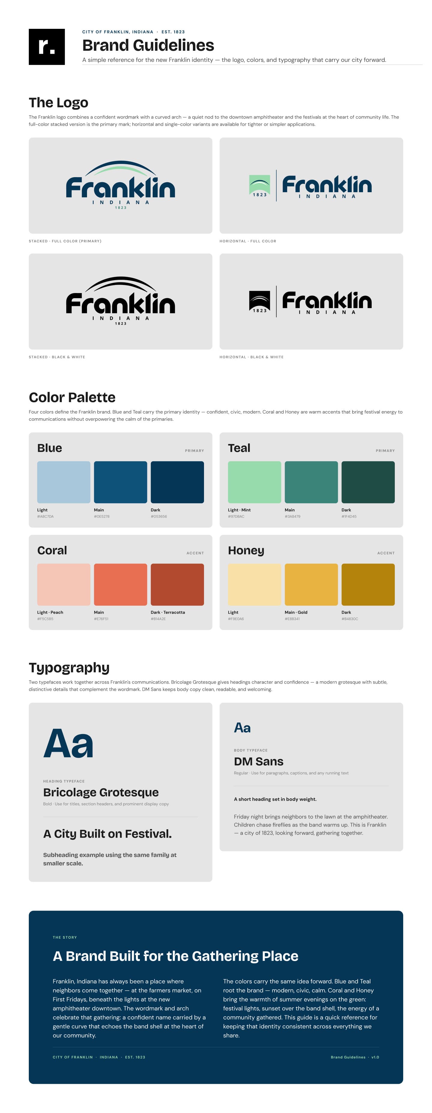 Franklin Brand and Logo Guide — full identity system showing logo lockups, color palette, and typography