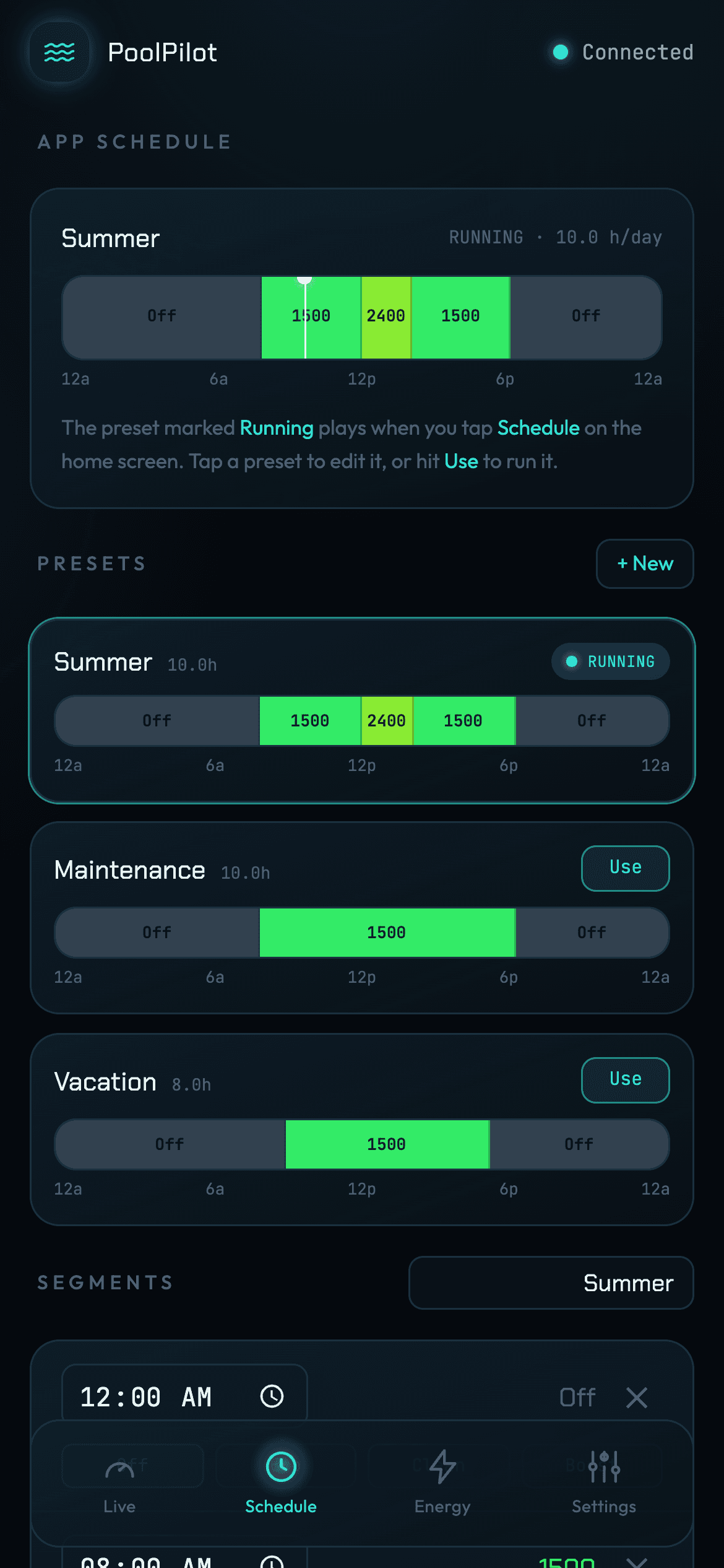 PoolPilot Schedule screen — 24-hour color-coded timeline with live cursor, and Summer, Maintenance, and Vacation presets with one-tap Use buttons