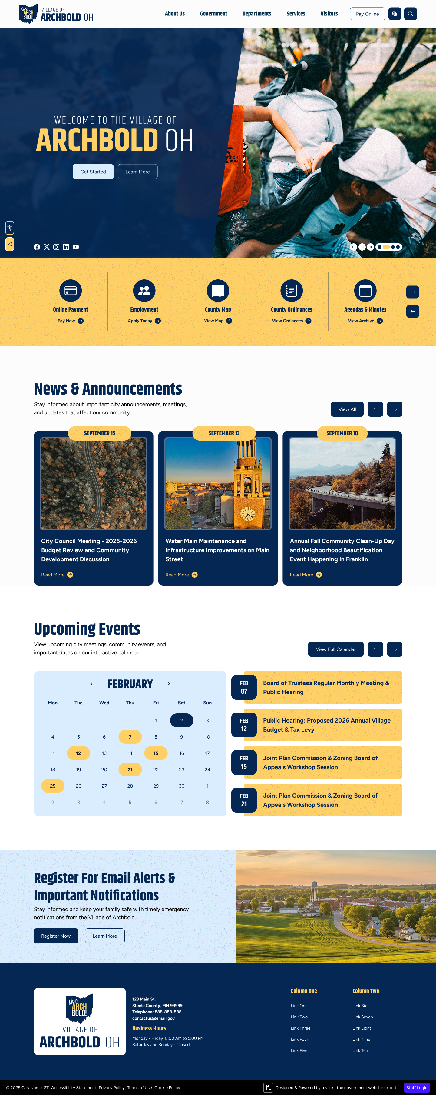 Village of Archbold homepage — clean navy hero, gold quick links grid, grid calendar layout