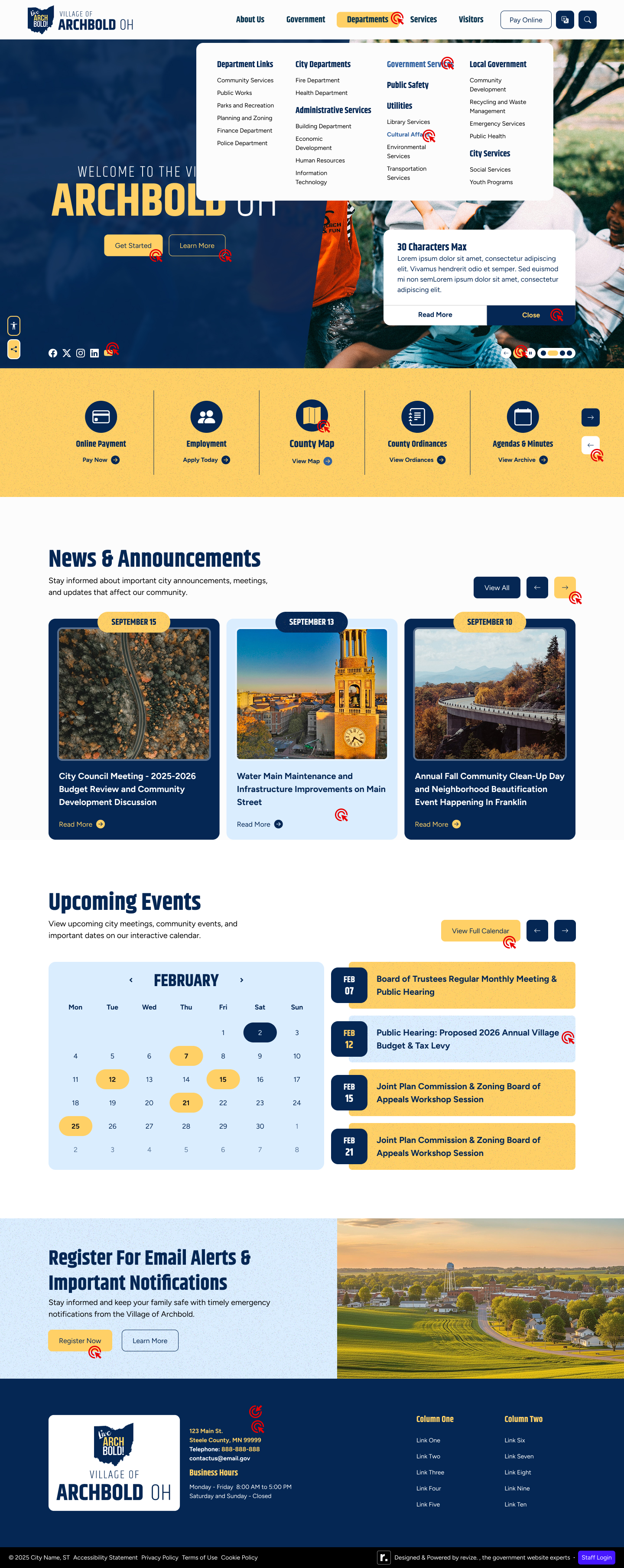 Archbold interactions — mega menu expanded, button hover states, calendar interactions