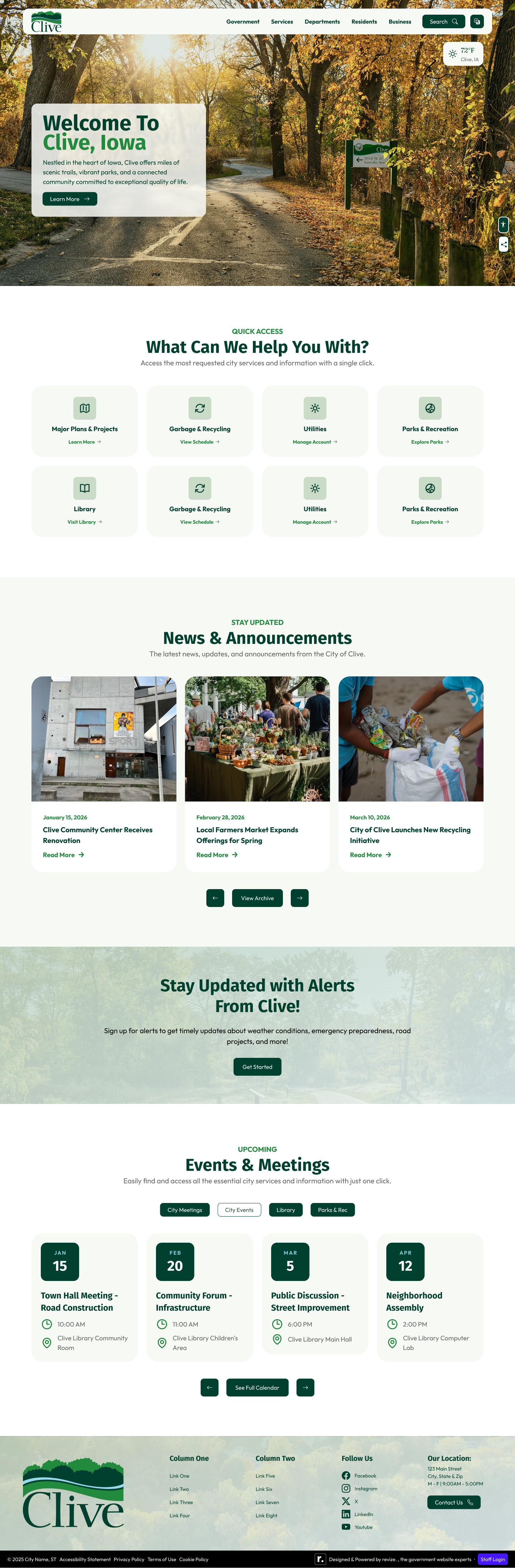 City of Clive main city homepage — dark forest green nav, Greenbelt trail imagery, card-style quick links