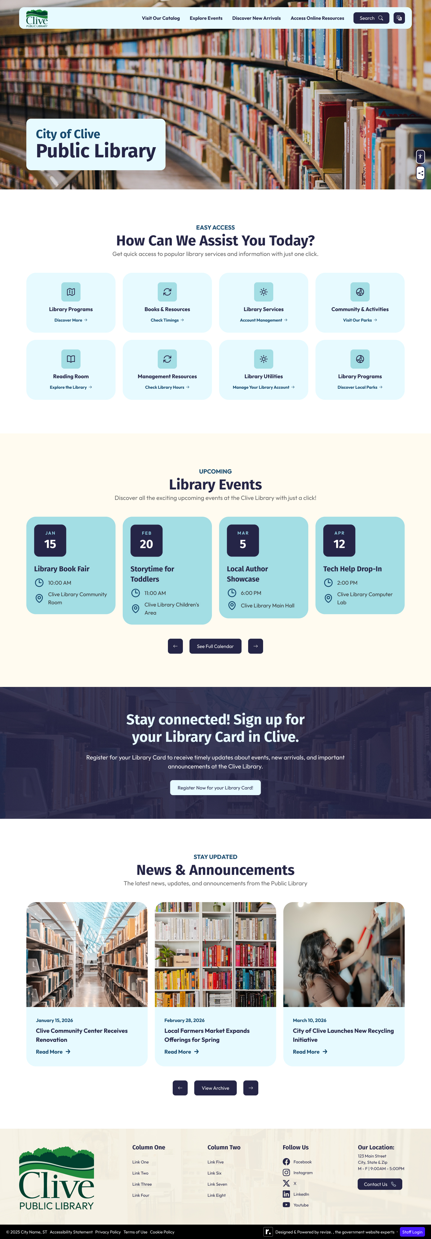 Clive Public Library homepage — library-branded header, community-focused warmth within city palette