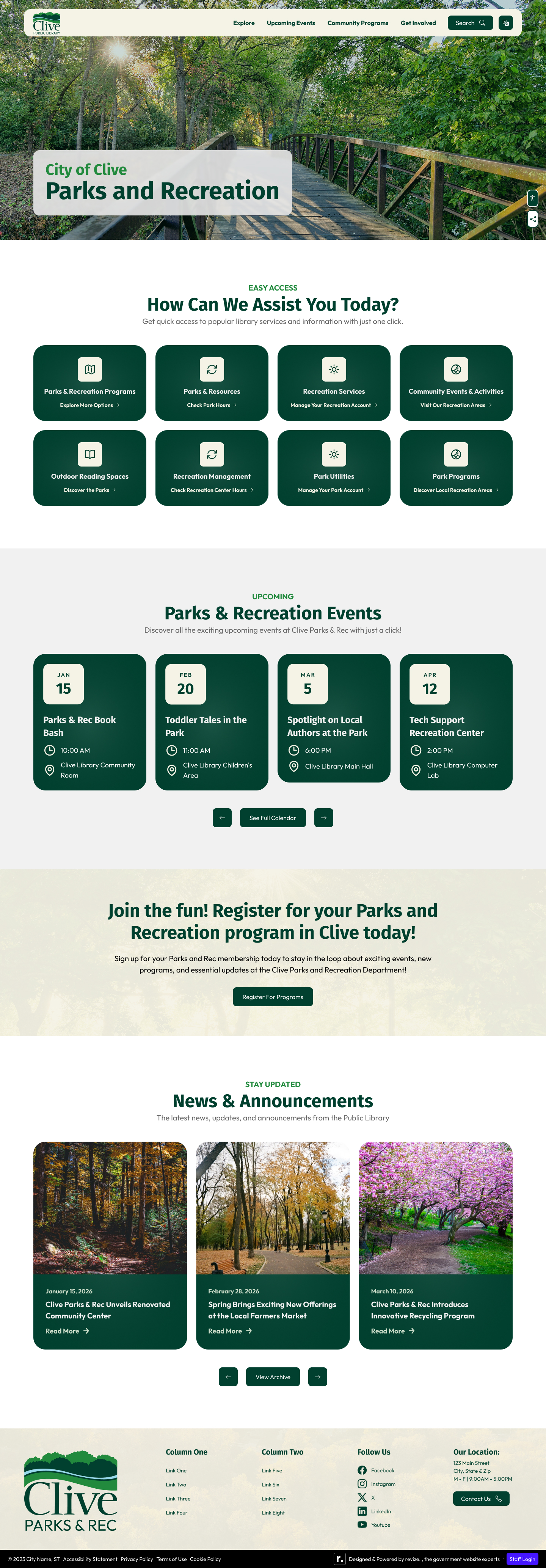 Clive Parks and Recreation homepage — department-branded header, activity-focused design
