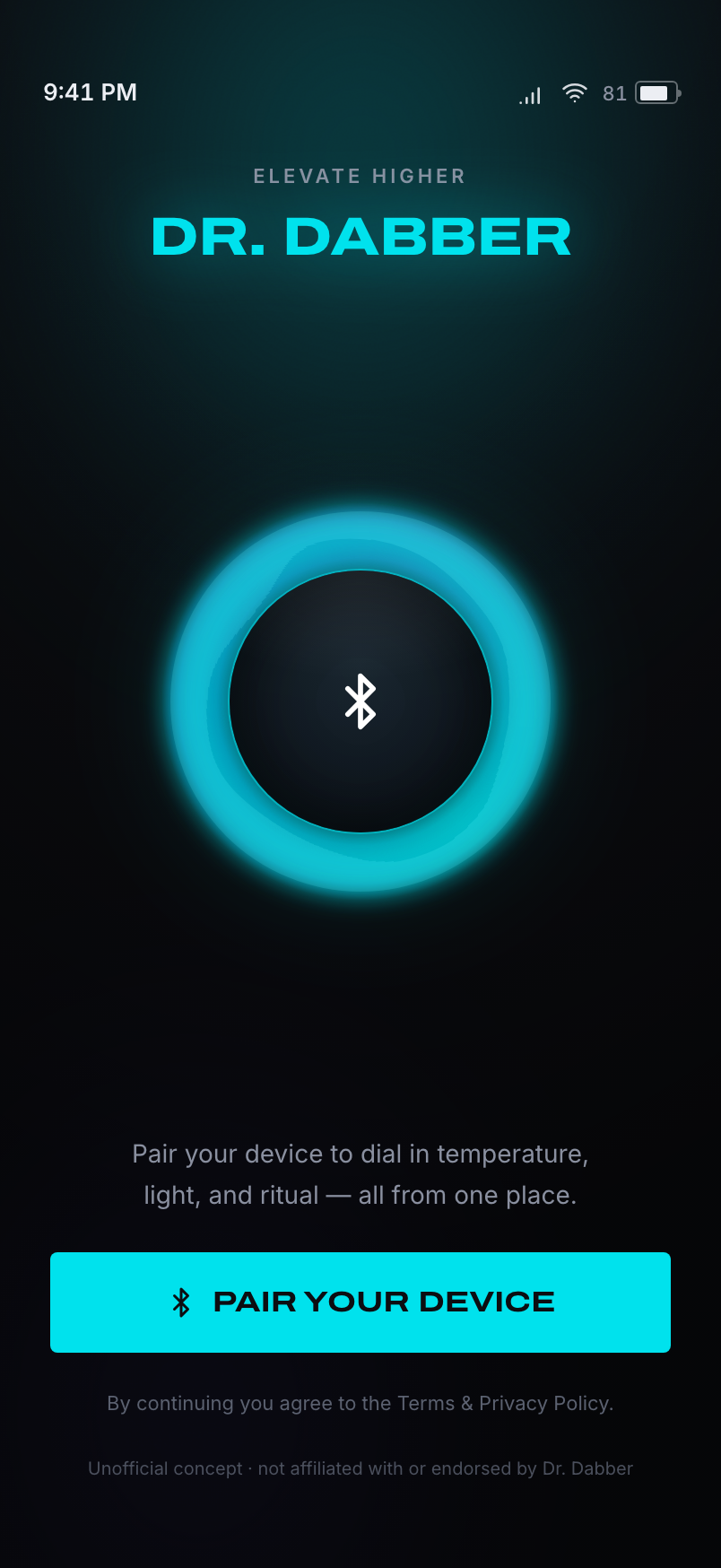 Connect screen — pairing the device with the Aurora Core and a Bluetooth glyph