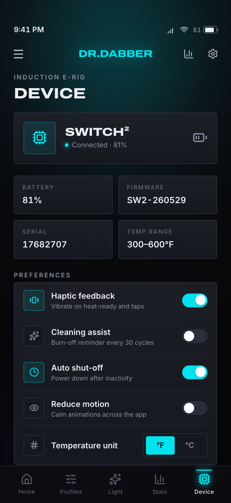 Device — settings, battery, firmware, serial, and preferences