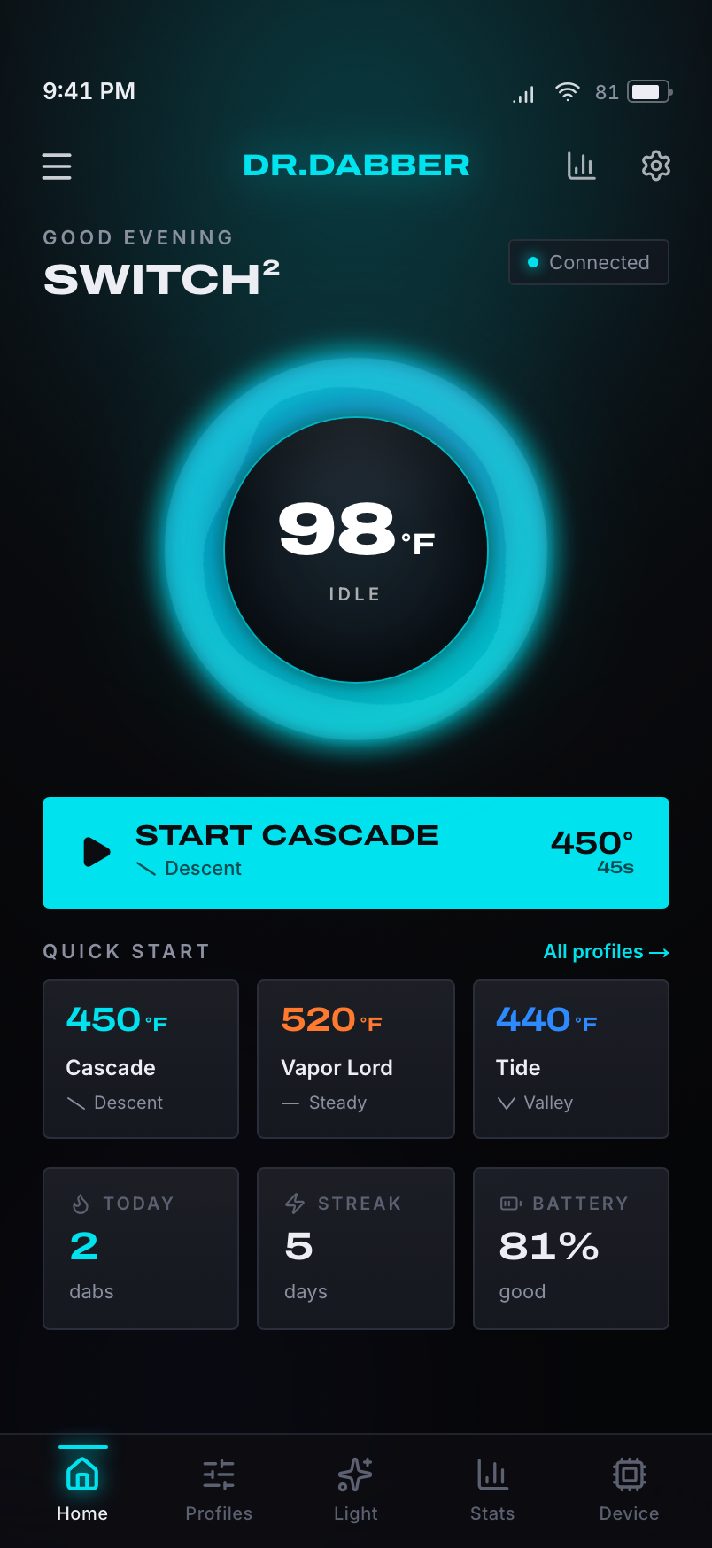 Home command center — the living Aurora Core orb, one-tap start, live status, a quick-start profile row, and usage stats
