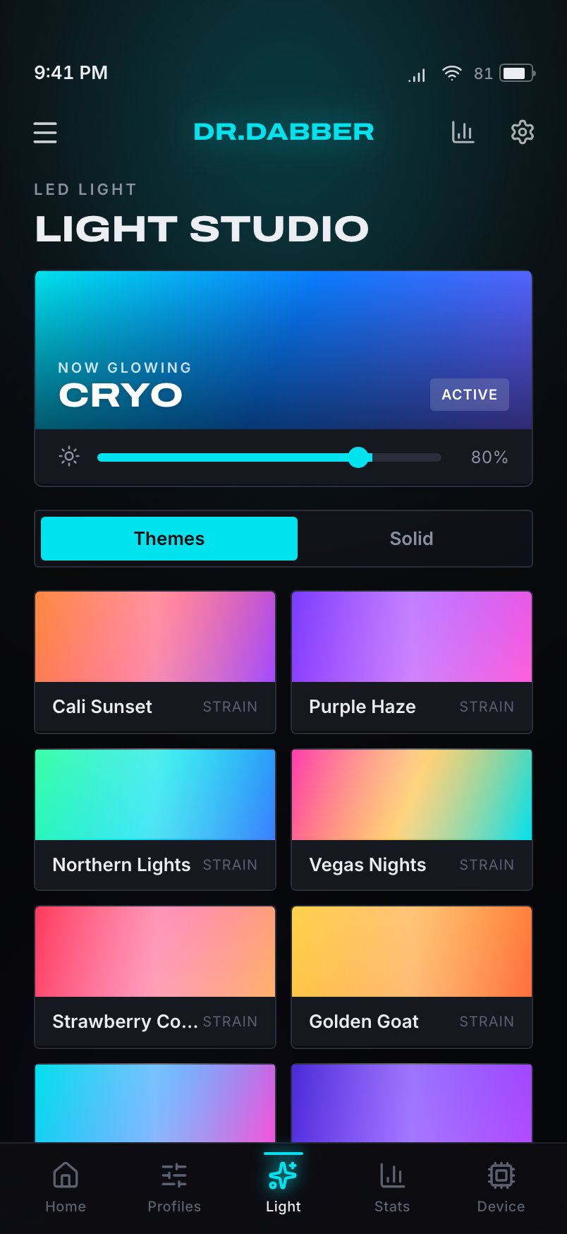 Light Studio — strain LED themes; selecting one washes the entire app in its color