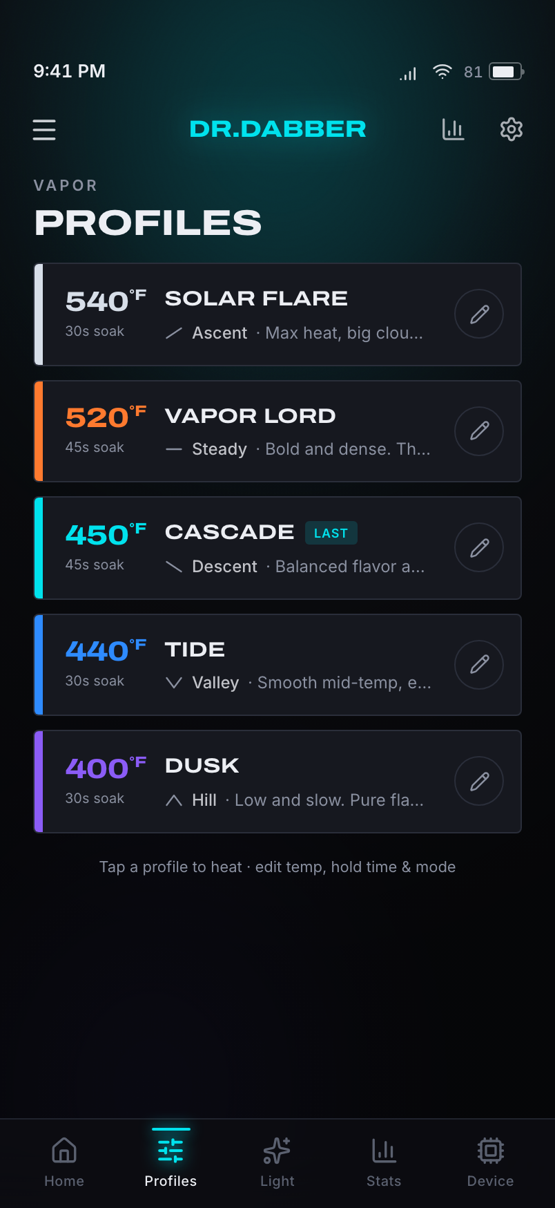 Vapor Profiles — editable temperature, hold-time, and heating-mode presets