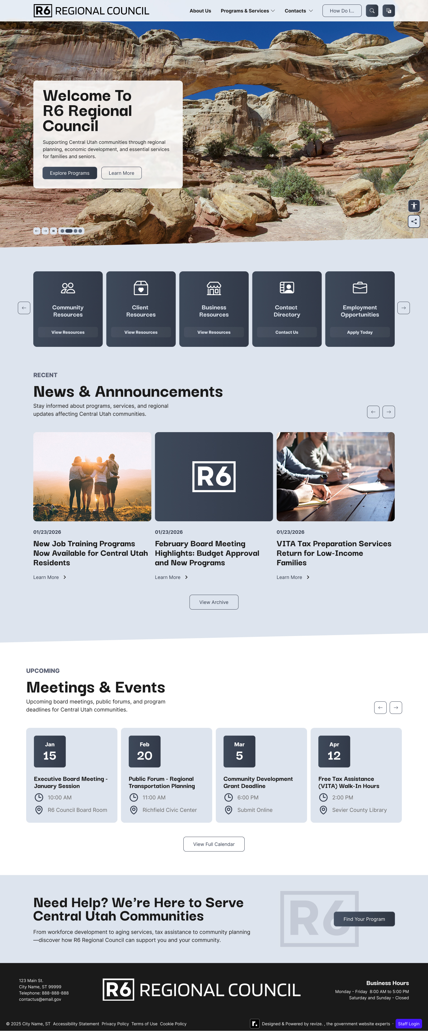 R6 Regional Council homepage design — charcoal nav, Utah Sky Blue accents, card-style quick links