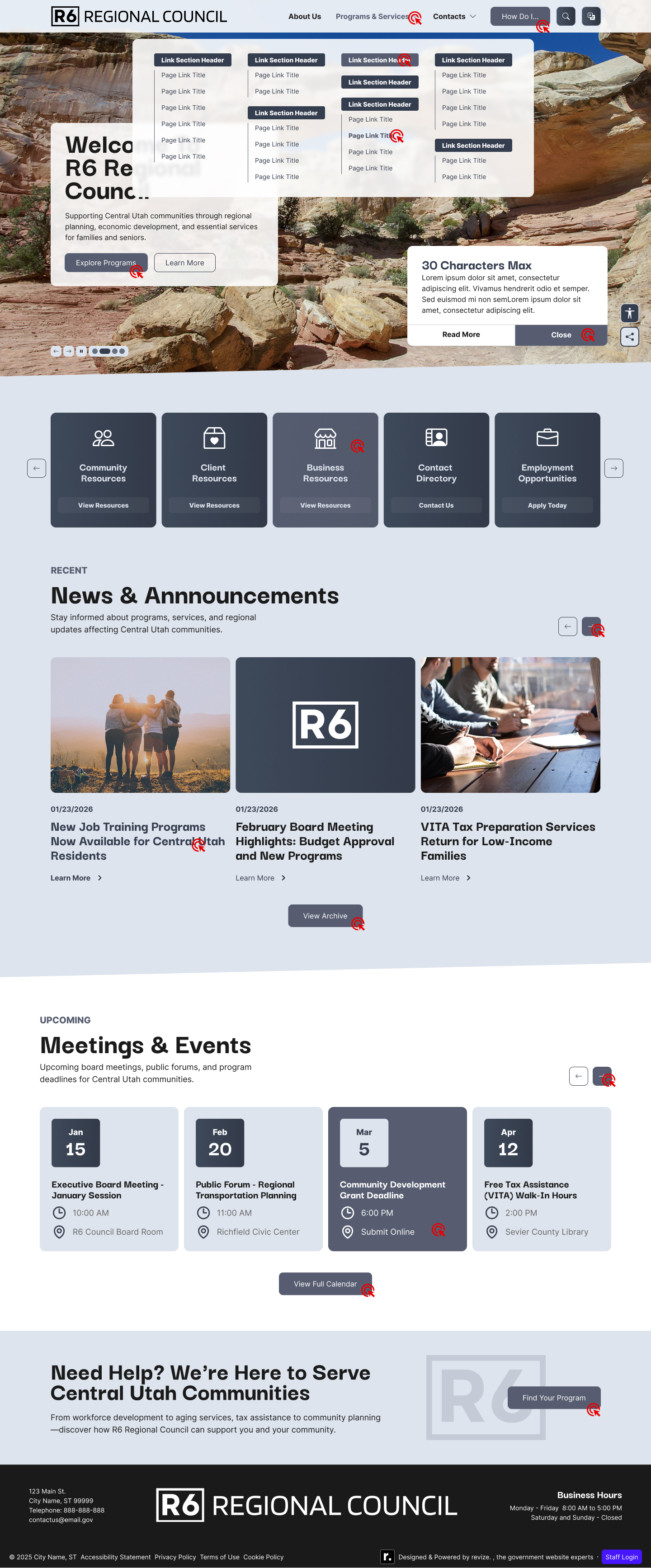 R6 Regional Council interactions page — mega menu expanded showing Programs and Services