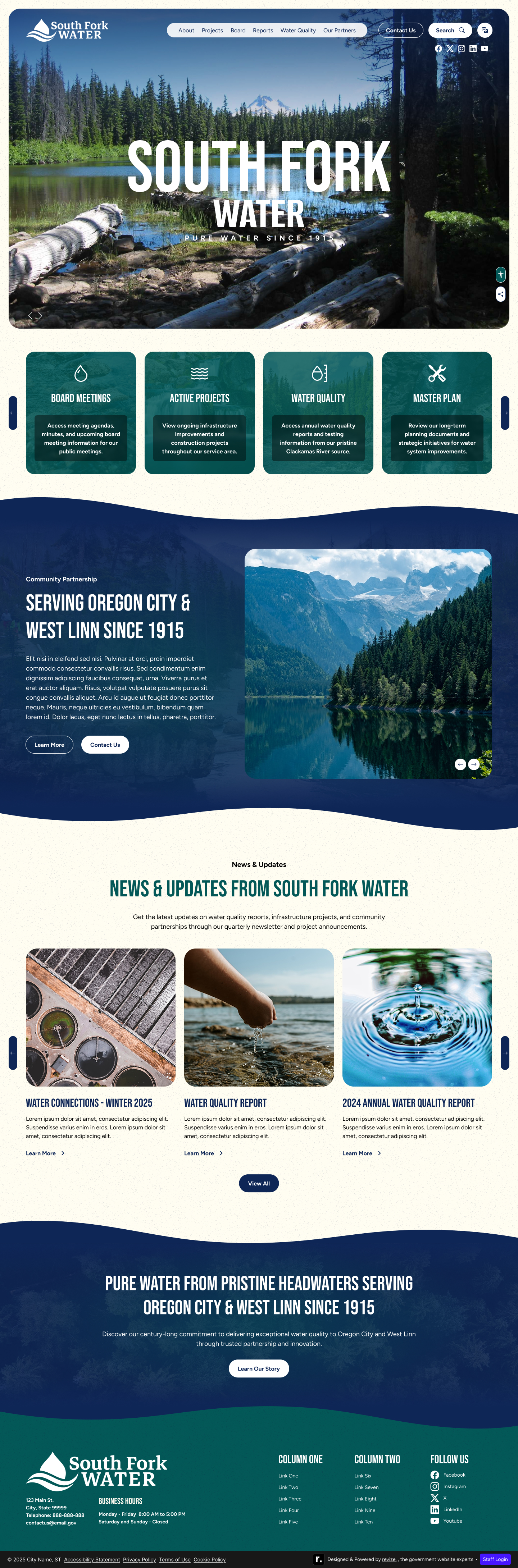 South Fork Water Board homepage — Clackamas River hero, forest green accents, pure water heritage messaging