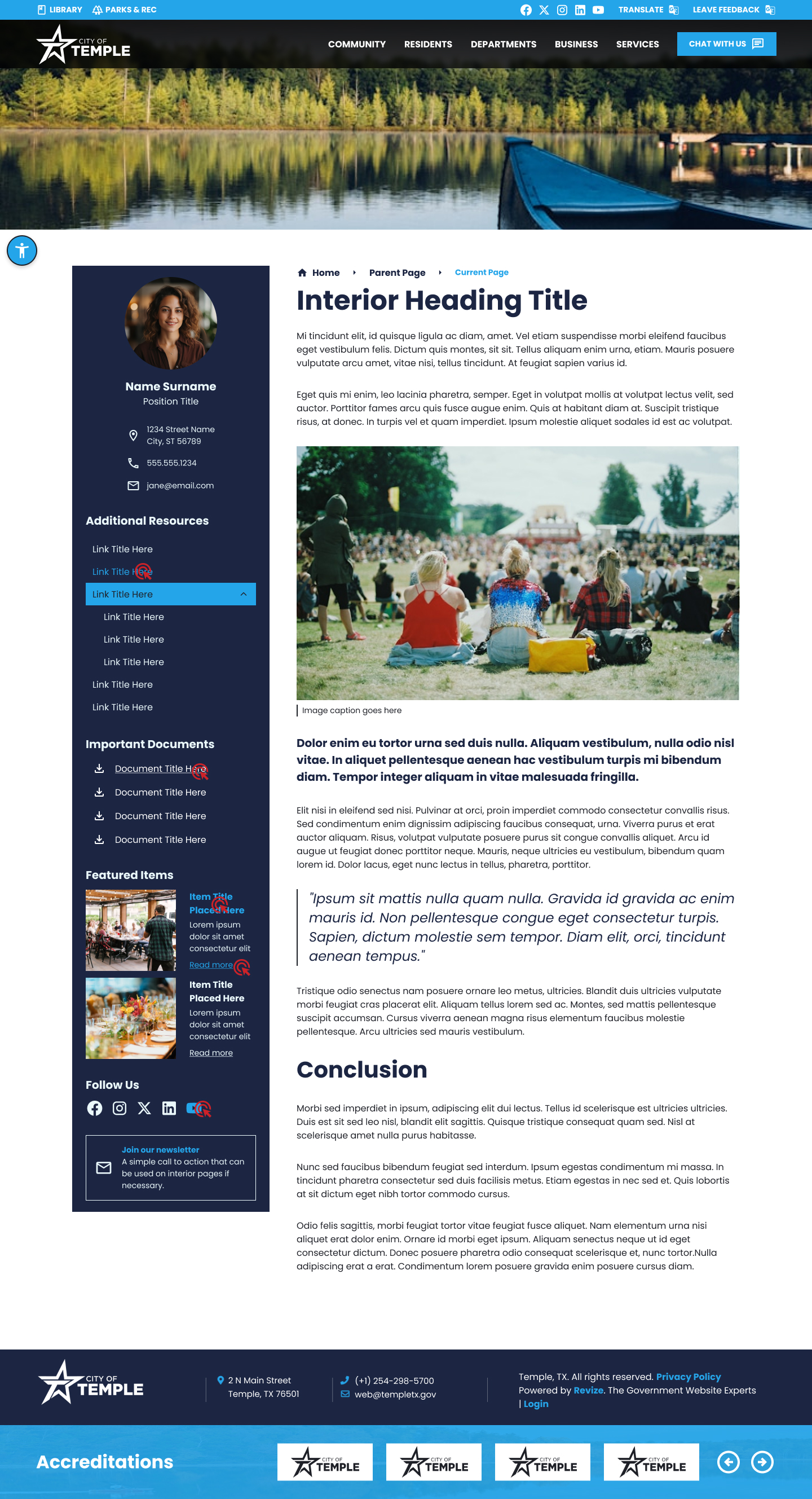 City of Temple interior page — full-width content layout with department navigation