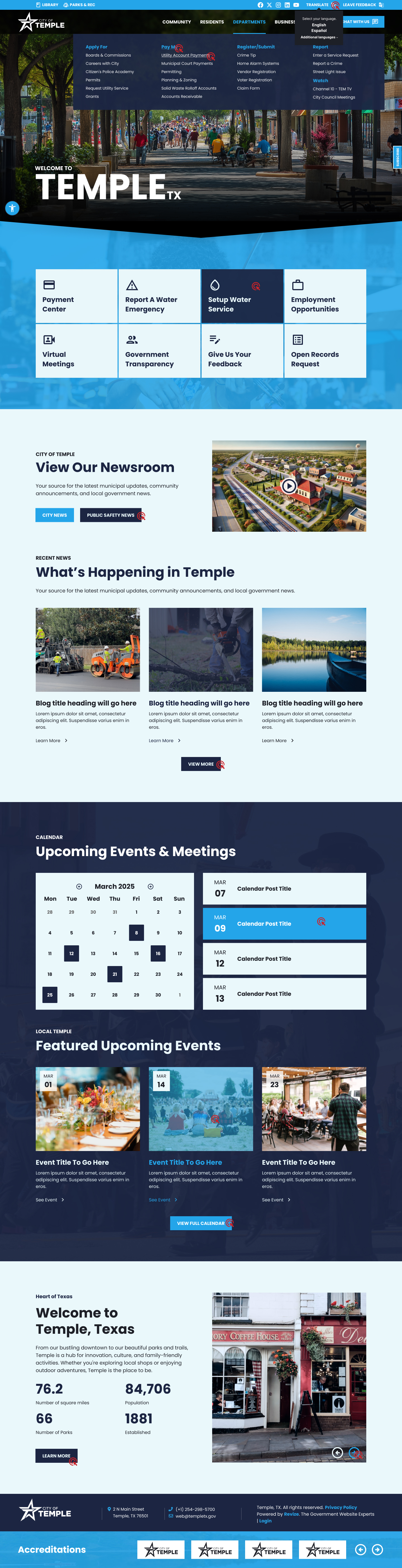 City of Temple interactions page — navigation, hover states, dropdown menu
