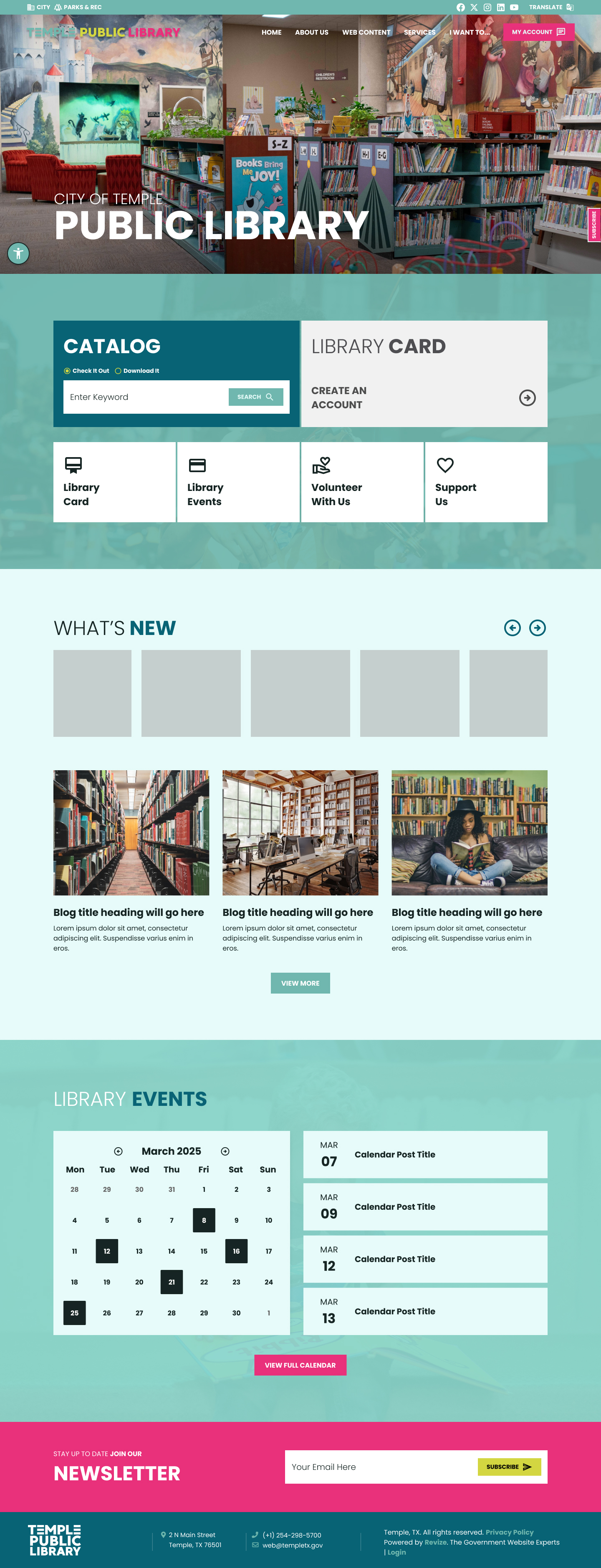Temple Public Library homepage — library-branded sub-site within city design system