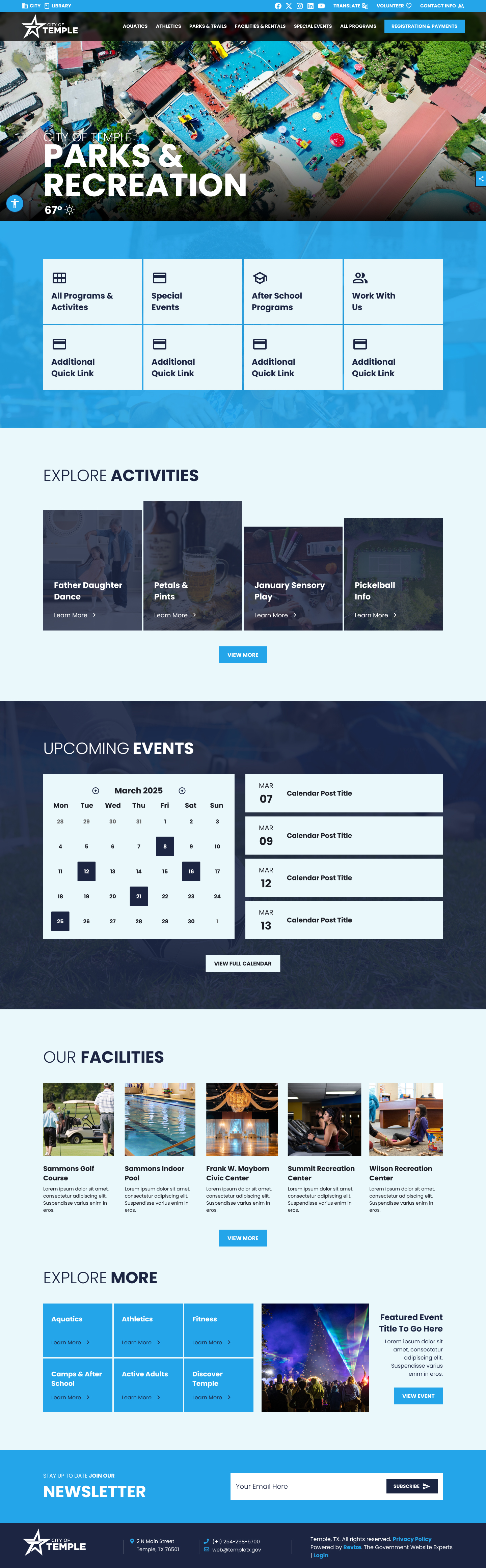 Temple Parks and Recreation homepage — Parks sub-site with activity-focused design